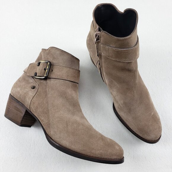 Paul Green Motorcycle Ankle Boot Womens 7.5 Beige Suede Buckle Side Zip Bootie - Picture 1 of 11